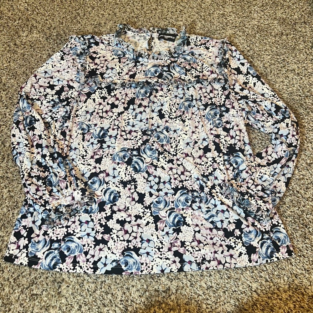 Karl Lagerfeld Paris Floral Print Long Sleeve‎ Ruffle Blouse Womens XL
